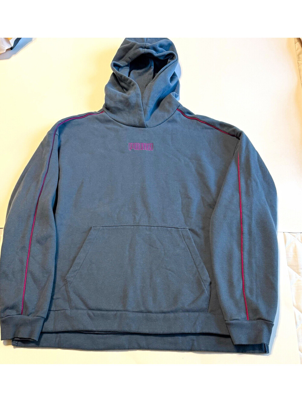 Puma Hoodie Womens XL Slate Gray Pink Piping Embroidered Logo Pullover